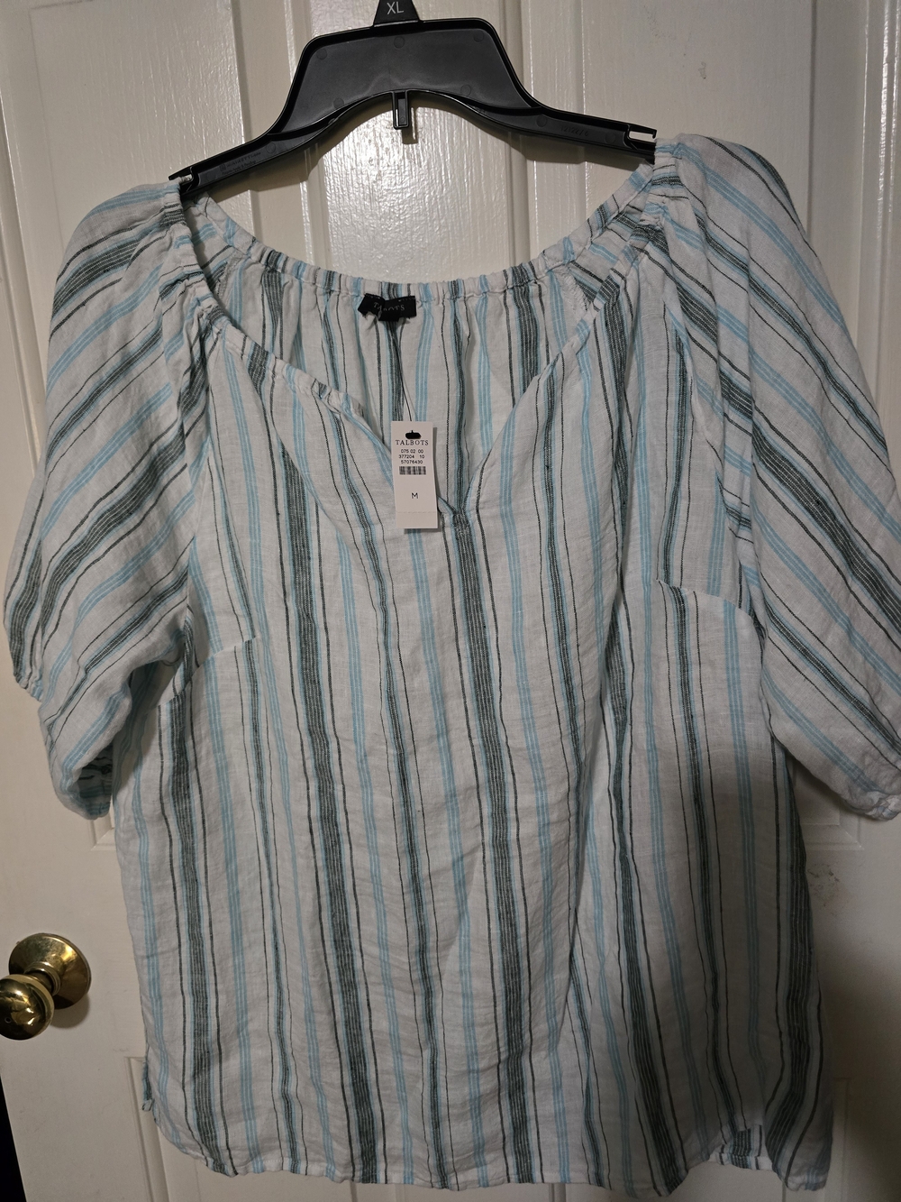 NWT Talbot's Striped Linen-Blend Off-Shoulder Top in Light Blue and White
